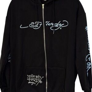 Y2K Ed Hardy Black Zip Up Hoodie Skull Dagger USMC Tatt Graphic Sweatshirt Large